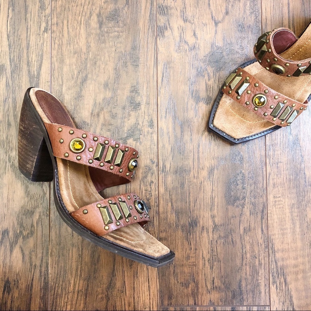 Sam Edelman Brown Studded Leather Block Heel Sandals